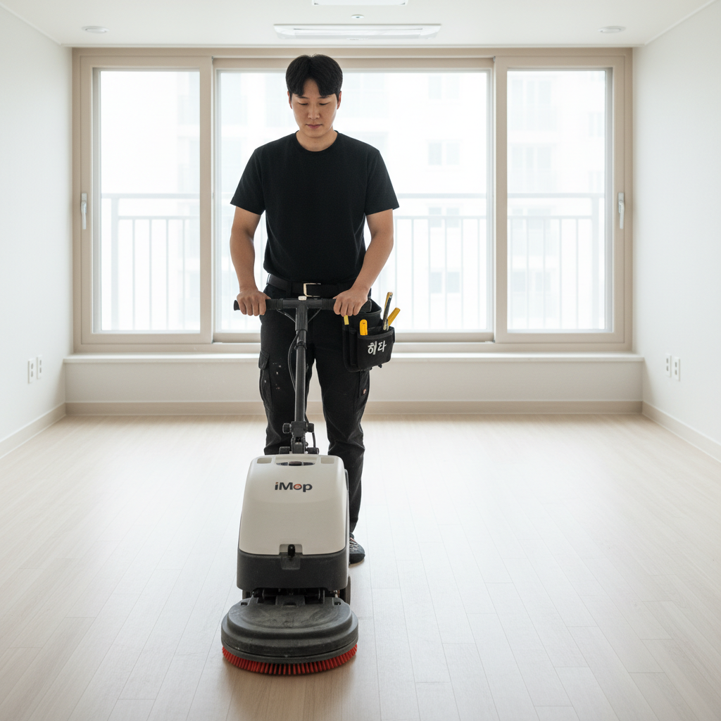아이맙 청소기로 거실 바닥을 깨끗하게 청소하는 모습.