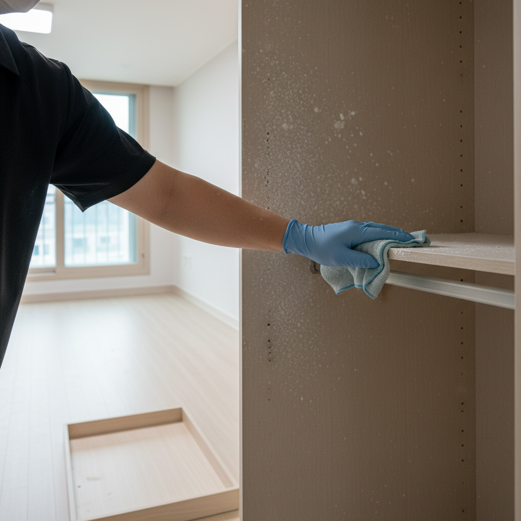 하부장 서랍을 탈거하여 레일까지 꼼꼼하게 청소하는 모습.