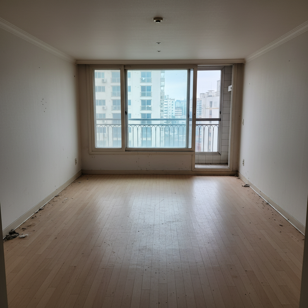 아이맙 청소기 사용 전 거실/방 바닥. 겉보기엔 깨끗하지만 미세먼지와 건축 자재 먼지가 남아있습니다.