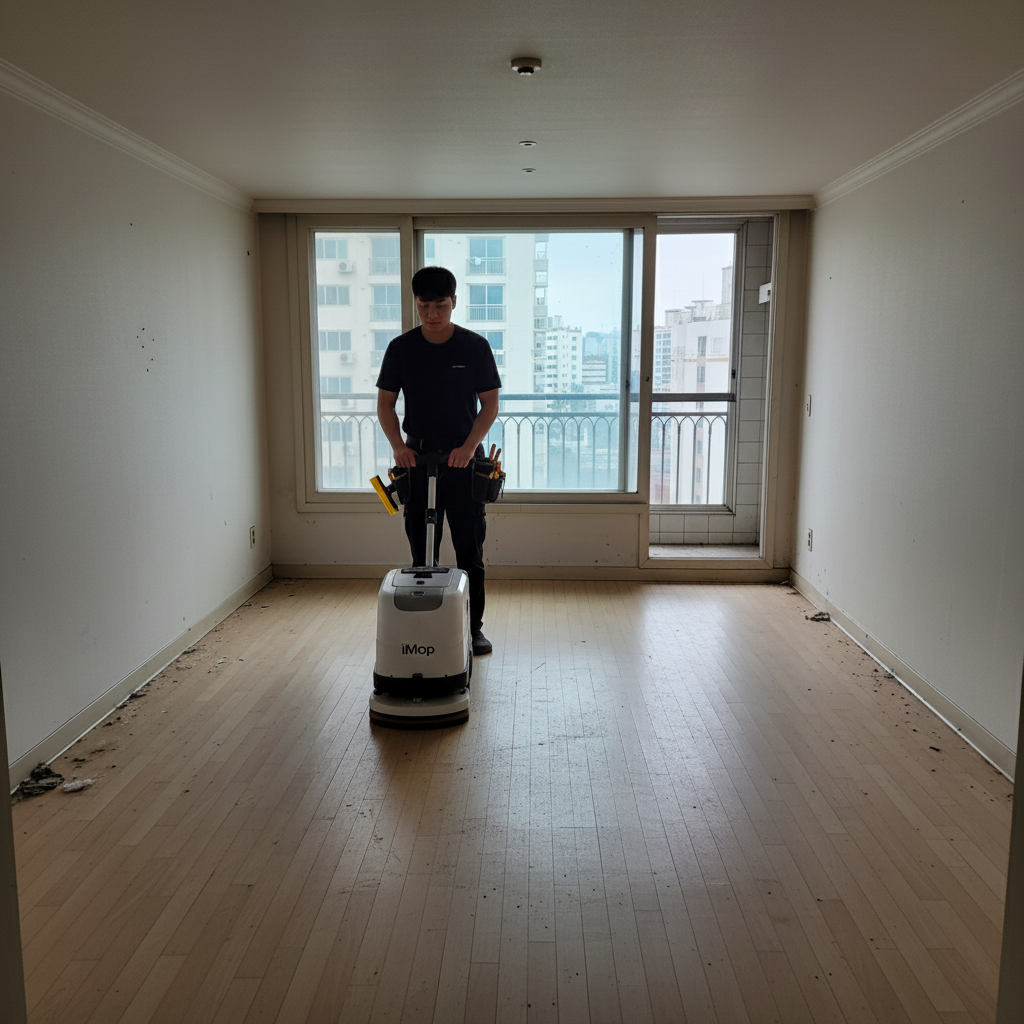 아이맙 청소기로 거실/방 바닥을 꼼꼼하게 청소하는 모습. 강력한 흡입력과 물 분사 기능으로 미세먼지까지 제거합니다.